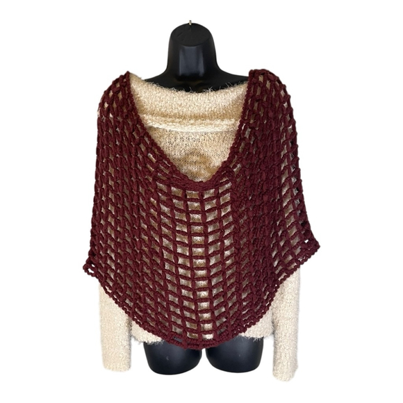 Womens Knit Crochet Wrap Scarf Burgundy Web Net Winter Casual‎ Comfy Soft Drape - Picture 1 of 6